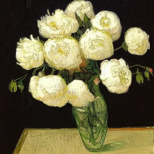 Image similar to atmospheric beautiful bouquet of white delicate peonies in the sunny room of his beloved wife, wang gogh wrote