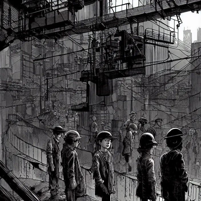 Prompt: a long queue to a big box / booth. sadie sink as a miner in the queue. storyboard, scifi cyberpunk. by gabriel hardman, joe alves, chris bonura. cinematic atmosphere, detailed and intricate, perfect anatomy