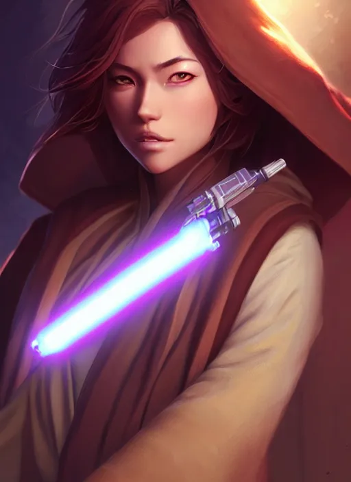 Image similar to beautiful portrait of a female anthro coyote wearing jedi robes. character design by charlie bowater, ross tran, artgerm, and makoto shinkai, detailed, soft lighting, rendered in octane