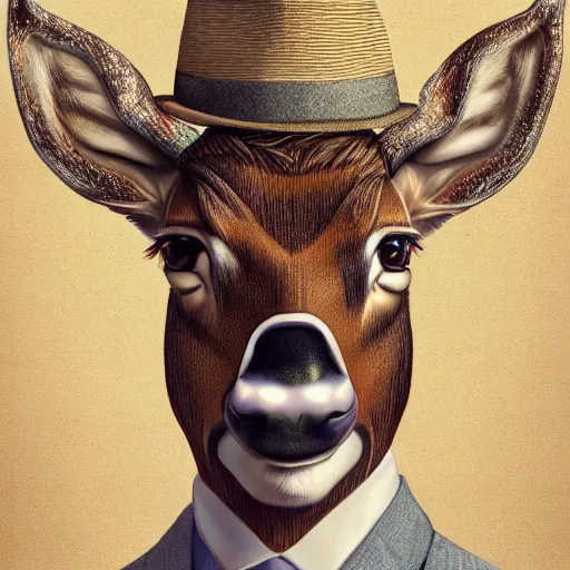 Image similar to a upper body portrait of a deer in a pinstriped suit and pants wearing a fedora with the antlers sticking out of the fedora by artgerm and wlop, intricate detail, digital art, photorealistic, trending on artstation