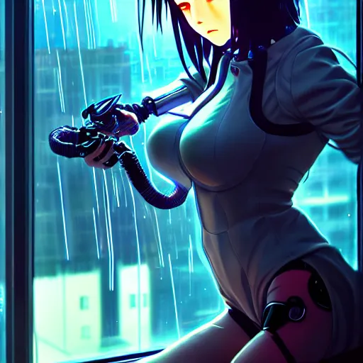 Image similar to cyberpunk anime art, beautiful cyborg girl in the style of arcane holding excalibur, full round face, biomechanical details, full body shot, rain, wet street, window reflections, lens flare, wlop, ilya kuvshinov, artgerm, krenz cushart, greg rutkowski