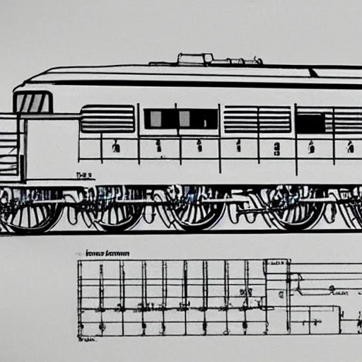 Image similar to blueprints for a nuclear powered train, high detail