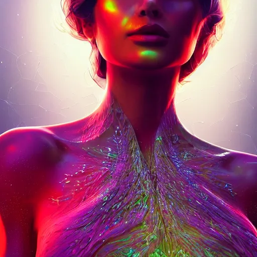 Image similar to a highly detailed digital image of an elegantly posed futuristic woman beautifully intertwined in chromatic liquid like leaves, by Andrew Chiampo, artstation, and Frederik Heyman, extremely detailed woman, stunning volumetric lighting, hyper realism, fantasy 4k