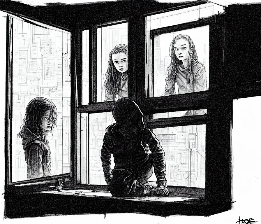 Image similar to sadie sink in hoodie sits on windowsill, knees tucked in as rain falls at night : b & w storyboard drawing, scifi cyberpunk. by joe alves, gabriel hardman, chris bonura. cinematic atmosphere, detailed and intricate, perfect anatomy