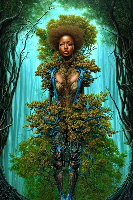 Image similar to hyperrealistic post - rococo super beautiful! black woman with exoskeleton armor, merging with tree in a forest, highly detailed digital art masterpiece smooth cam de leon hannah yata dramatic pearlescent blue teal light ground angle hd 8 k sharp focus