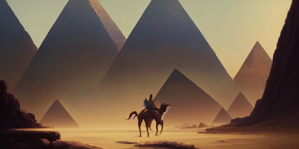 Prompt: pyramids, extremely detailed minimalist painting, in the style of fenghua zhong and ruan jia and jeremy lipking and peter mohrbacher, mystical colors, rim light, beautiful lighting, 8 k, stunning scene, raytracing, octane, trending on artstation