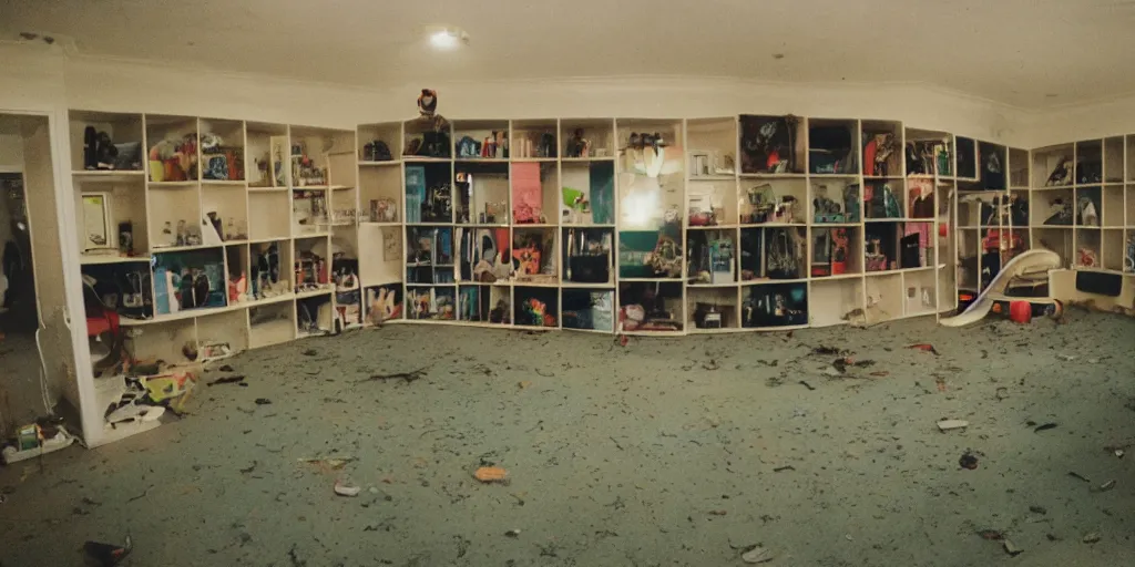 Image similar to a weird place, house, playground, office, pool, interior, room full of people but now empty with eerie feeling, disposable colored camera, camera flash, unusual place, unsettling, kids place