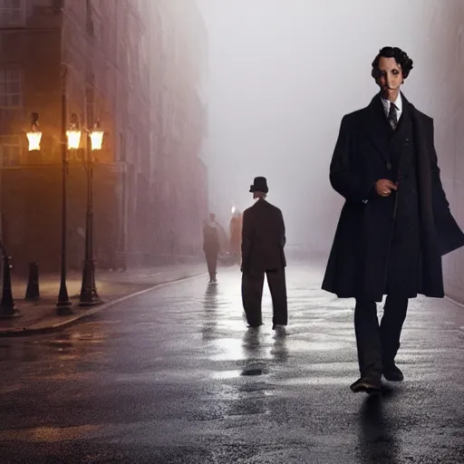Prompt: sherlock holmes by lumiere brothers in moonlight, rimlight, reflections in pavement, and fog, hyper detailed and realistic, bloom 4 k