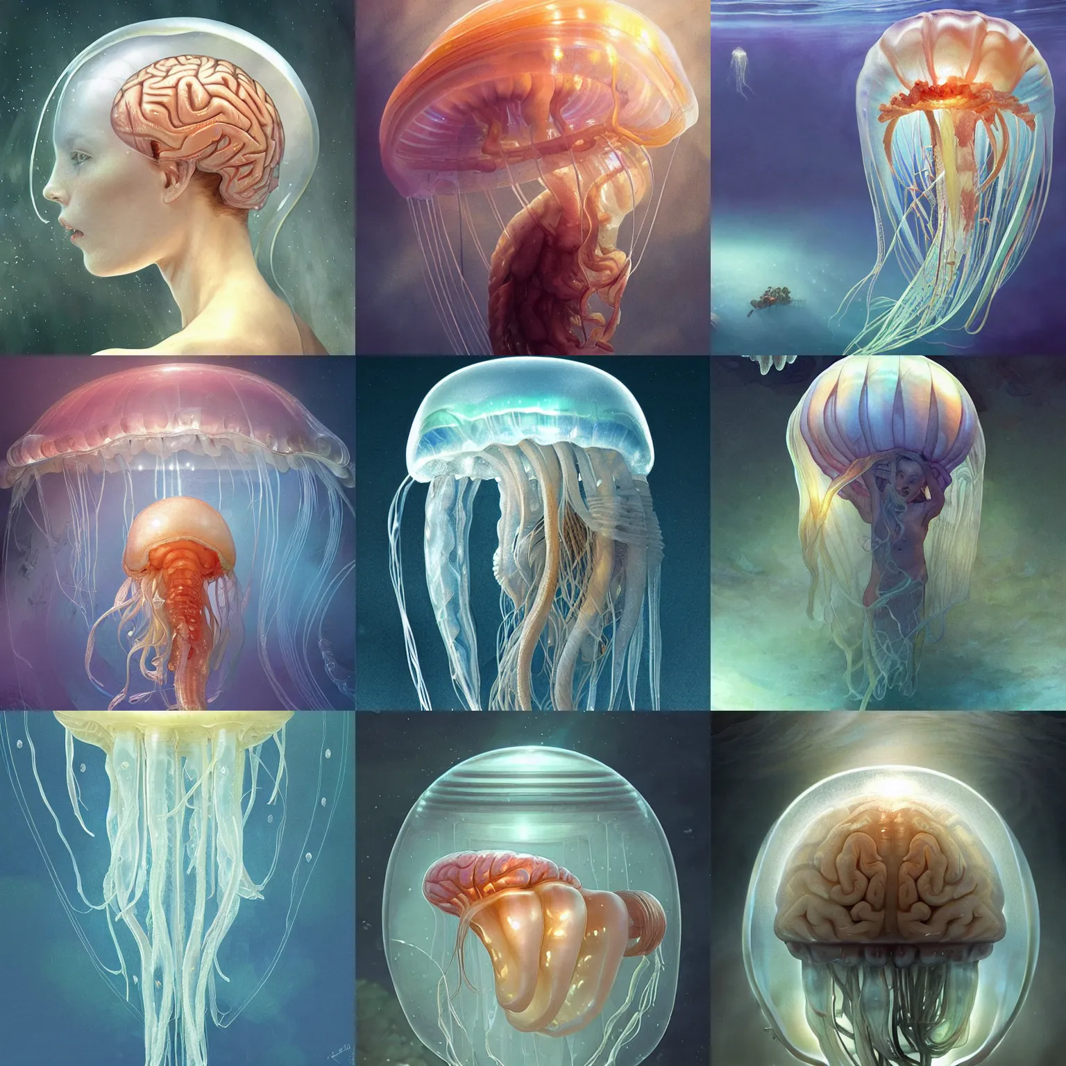 Prompt: a human brain inside a translucent jellyfish, underwater, intricate, sharp focus, illustration, highly detailed, digital painting, concept art, matte, art by wlop and artgerm and greg rutkowski and alphonse mucha, masterpiece