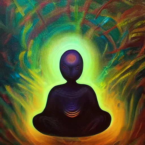 Image similar to painting of a tranquil alien made of light and glows meditating in dense forest by Li Lian Kolster, acrylic art, ethereal, soothing, somber, elegant, warm light, cozy, breathtaking,
