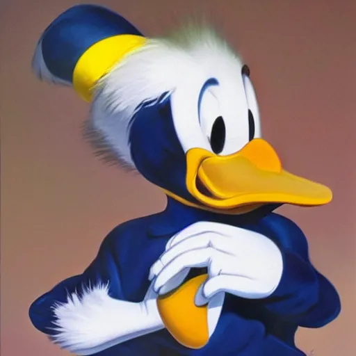 Image similar to ultra realistic portrait painting of donald duck, art by frank frazetta, 4 k, ultra realistic, highly detailed, epic lighting