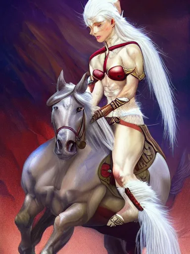 Image similar to painting of a white female elf warrior riding a horse, highly detailed painting, realistic, symmetrical, illustration, artstation, in the style of frank frazetta, ayami kojima