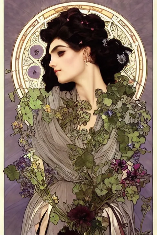Prompt: a goddess of dark flowers!! hair in the wind! with a beautiful symmetrical face!!! cinematic lightning, murky dusty deep, smoky eyes, isolated, studio lighting by alphonse mucha and tom bagshaw
