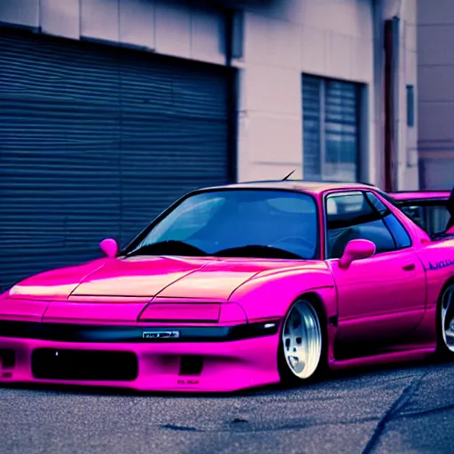 Image similar to a synthwave style 2 nd gen ( fc 3 s ) 1 9 9 0 red rx - 7 drifting on a neon road