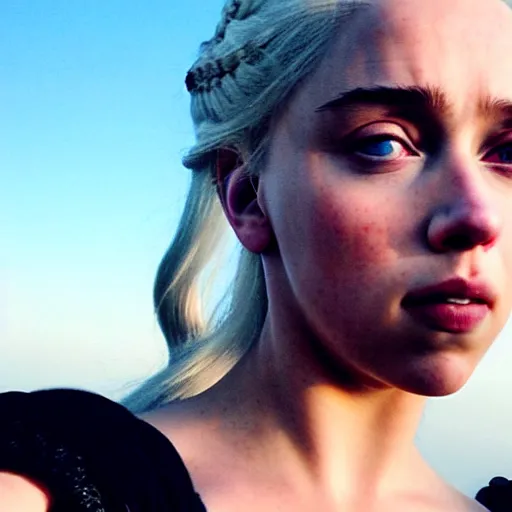 Prompt: a selfie of daenerys targaryen played by a young scarlett johansson, smooth skin, purple eye color, ethereal beauty, medium shot, detailed eyes, vivid