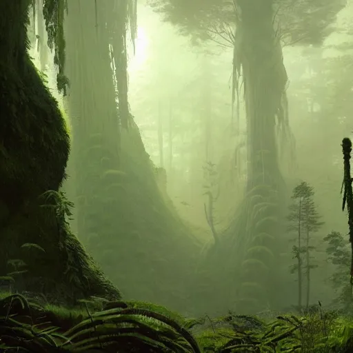 Image similar to alien undergrowth overwhelming a redwood forest, ferns and waterfalls shadow of the colossus screenshot by j. c. leyendecker, simon stalenhag, studio ghibli, barlowe, audobon and beksinski