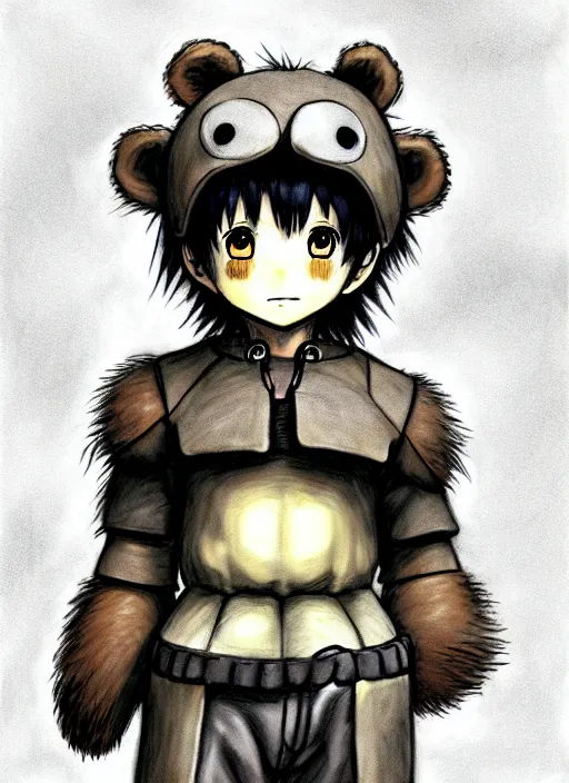 Image similar to beautiful little boy wearing an cyborg bear suit, artwork in kentaro miura and made in abyss and rosdraws, smooth, beautiful lightness, anatomically correct, trending on pixiv, forest