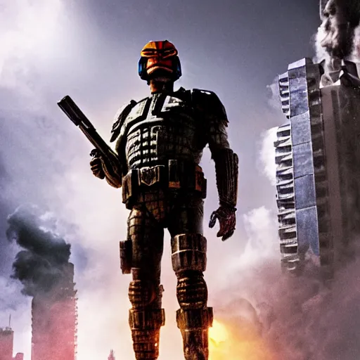 Image similar to cinematic, 4 k, full body portrait, rock golem as a soldier smoking a cigarette, still from the movie judge dredd