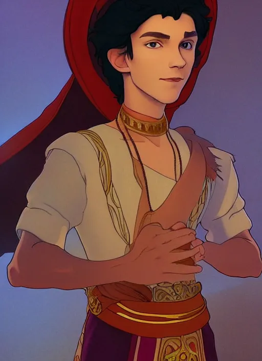 Image similar to skinny young tom holland as prince ali ababwa in the sultan's palace, cinematic lighting, path traced, highly detailed, high quality, beautiful painting, by don bluth and ross tran and studio ghibli and alphonse mucha, artgerm