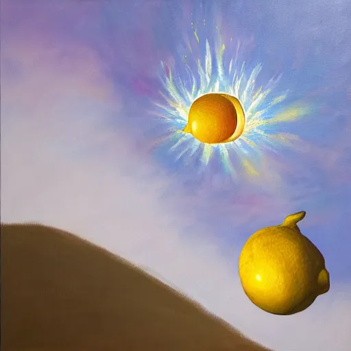 Image similar to a painting of a lemon on fire, hovering and glowing