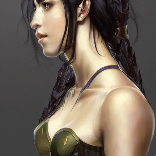 Image similar to a portrait of an attractive young woman, clothed in battle armor, olive skin, long dark hair, beautiful bone structure, symmetrical facial features, intricate, elegant, highly detailed, digital painting, trending on Artstation, concept art, smooth, sharp focus, illustration, in the style of artgerm and alphonse mucha