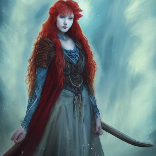 Image similar to red haired teen with a lute and cloak with many pockets with blue flames in background, dramatic, intricate, elegant, highly detailed, digital painting, artstation, concept art, smooth, sharp focus, illustration, octane render, art by Leesha Hannigan, Ross Tran, Thierry Doizon, Kai Carpenter, Ignacio Fernández Ríos