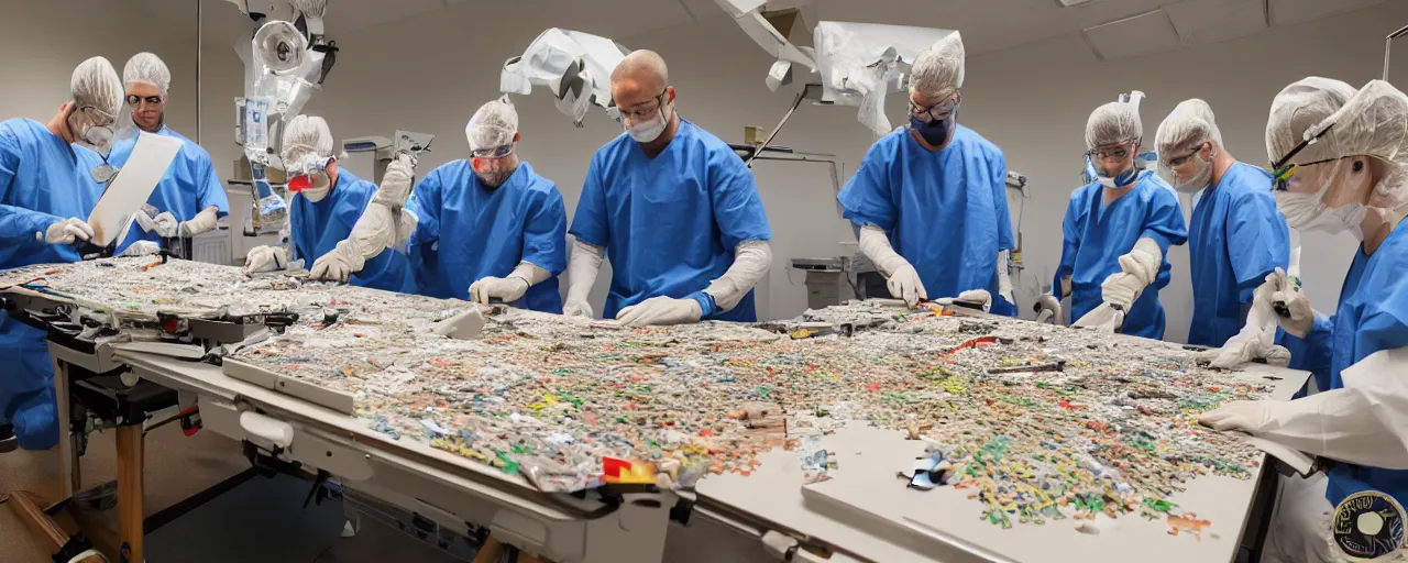 Image similar to three surgeons performing an operation on a 1000 piece jigsaw puzzle of a landscape on an operating table