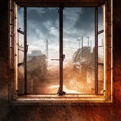 Image similar to a post apocalyptic landscape seen through a window, digital art, trending on artstation