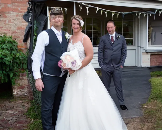 Prompt: a bride and groom get married at a crime scene, wedding photography