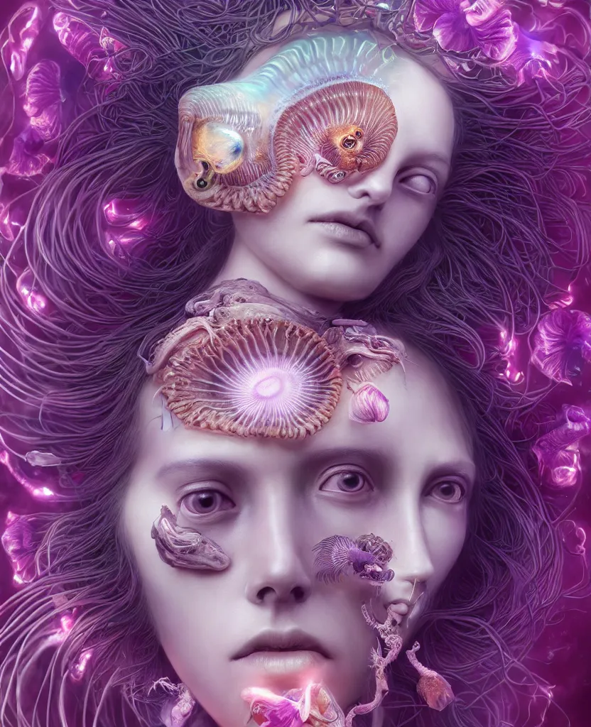 Image similar to goddess close-up portrait of princess face and ram skull. eyes. jellyfish phoenix head, nautilus, orchid, skull, betta fish, bioluminiscent creatures, intricate artwork by Tooth Wu and wlop and beeple. octane render, trending on artstation, greg rutkowski very coherent symmetrical artwork. cinematic, hyper realism, high detail, octane render, 8k