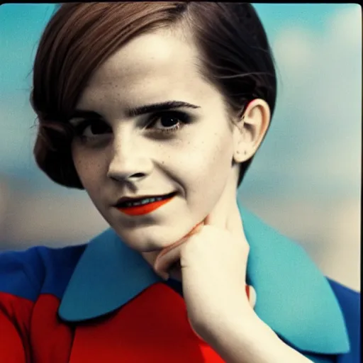 Image similar to emma watson, flight attendant 1 9 6 0 s, award winning, kodak ektachrome expired blue tint,