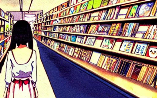 Prompt: a girl in a record store, art by hayao miyazaki, studio ghibli film, wide shot, hi res, 4k