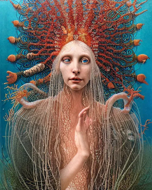 Image similar to realistic detailed underwater portrait of the beutiful young goddess of the fish of the three times with an intricate headdress of corals, sea kelp, sea plants, fish, jellyfish, art by ernst haeckel, zdzisław beksinski, h. r. giger, hieronymus bosch, gothic, neo - gothic, ornamental,