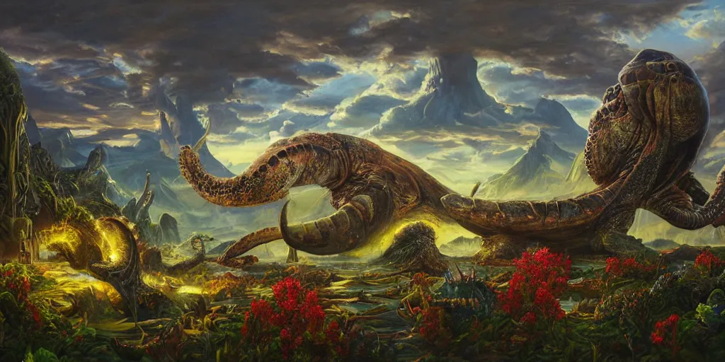 Image similar to fantasy oil painting, great leviathan, cybernetic turtle cephalopod terrapin reptilian pachyderm squid, bella hadid, hybrid, milla jovovich, anubis, epic natural light, lush plants flowers, spectacular mountains, bright clouds, luminous sky, outer worlds, golden hour, michael cheval, edward hopper, michael whelan, vray, hd