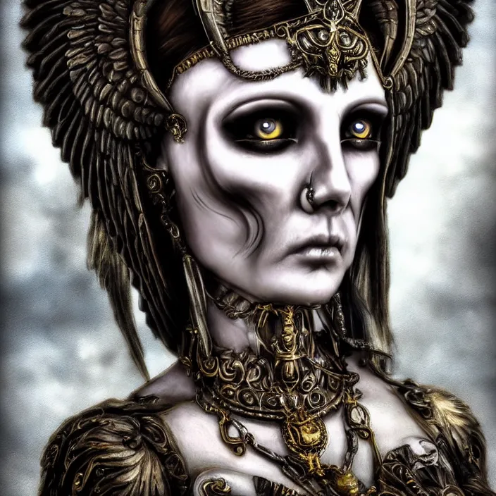 Image similar to perfectly centered portrait, close up, candid photography, goddess of death, by anne stokes, updo, highly detailed