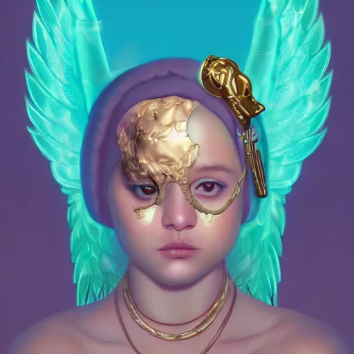 Image similar to Lofi vaporwave portrait baby cherub angel, ski mask, balaclava, face covered, Gucci, Nike, Chanel, multiple gold chains, Pixar style, Tristan Eaton, Stanley Artgerm, Tom Bagshaw