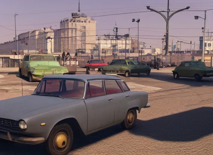 Image similar to hyperrealistic matte painting of gta game in soviet moscow, 1 9 6 0, playstation 5 screenshot, fine details, golden hour, beautiful rtx reflections, soviet suburbs, photorealistic, unreal engine 5, octane render, volumetric light, featured on cg society, 4 k, 5 0 mm bokeh, russian lada car, artstation