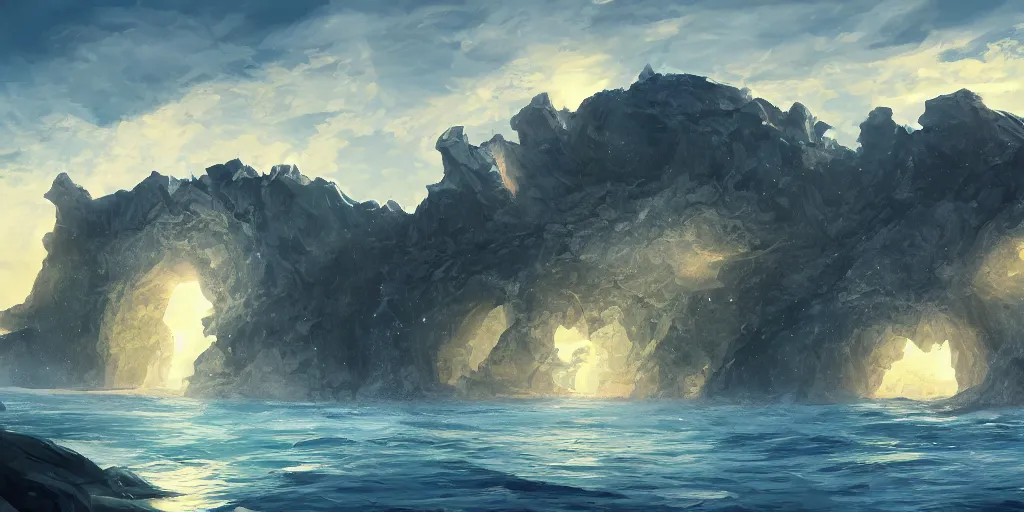 Image similar to salt covered islands surrounded by steep quartz cliffs, illustration, bright sunlight, sun glints, sunrays, digital art, oil painting, fantasy, 8 k, trending on artstation, detailed