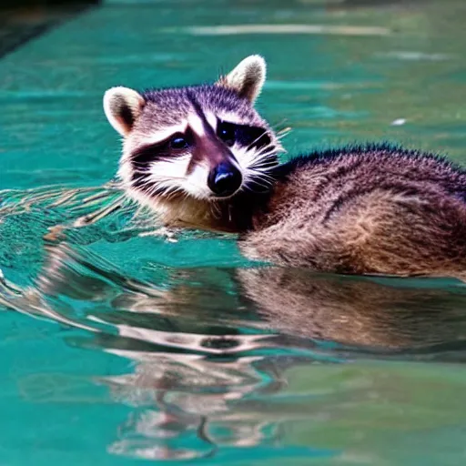 Prompt: a cute photo of a raccoon swimming in a pool, the raccoon is wearing a pink flamingo shaped floaty