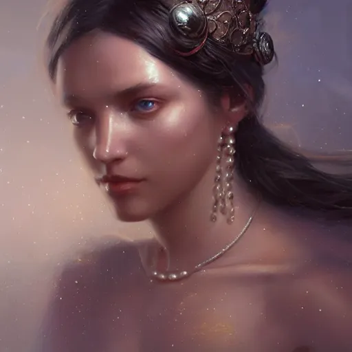 Prompt: a goddess with pearls and glittering skin, a detailed painting by greg rutkowski and raymond swanland, featured on cgsociety, fantasy art, detailed painting, artstation hd, photorealistic