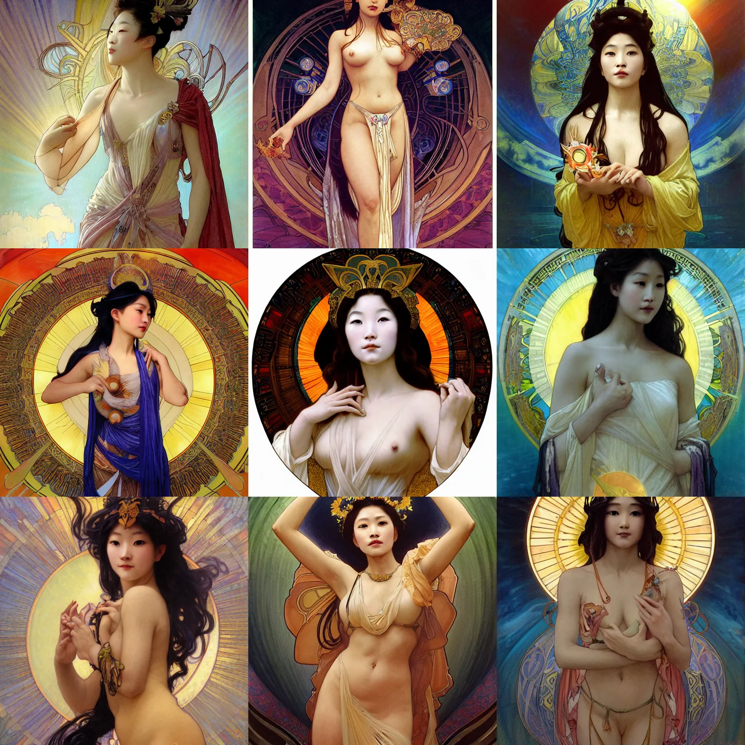 Prompt: stunning, breathtaking, awe-inspiring award-winning concept art nouveau painting of attractive Ashley Liao as the goddess of the sun, with anxious, piercing eyes, by Alphonse Mucha, Michael Whelan, William Adolphe Bouguereau, John Williams Waterhouse, and Donato Giancola, cyberpunk, extremely moody lighting, glowing light and shadow, atmospheric, shadowy, cinematic, 8K