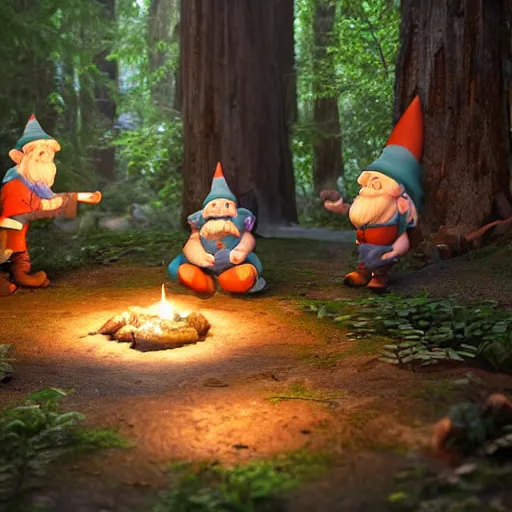 Image similar to a alchemist gnome buffing his gnome allies in a redwood forest, unreal engine, octane render, realistic, matte painting, masterpiece