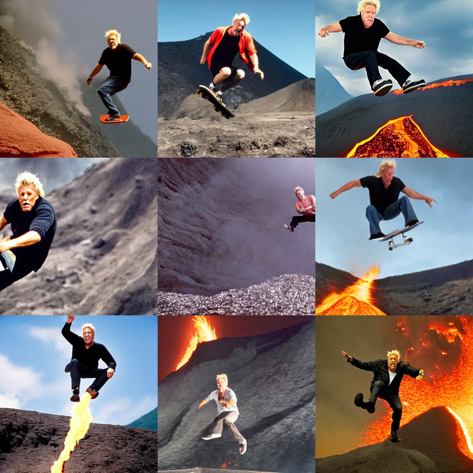 Prompt: gary busey doing a kickflip into a volcano full of lava, movie still