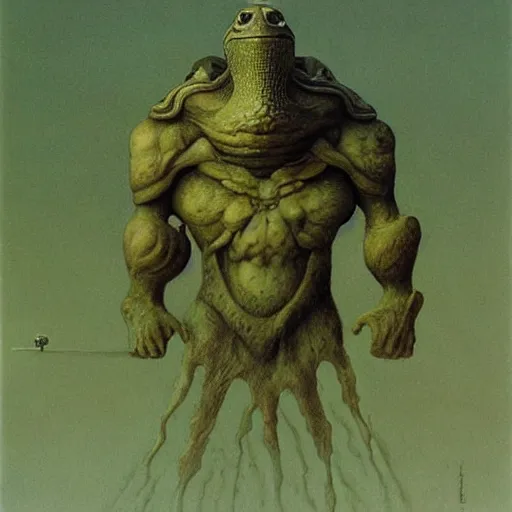 Image similar to anthropomorphic turtle hero by zdzisław beksinski