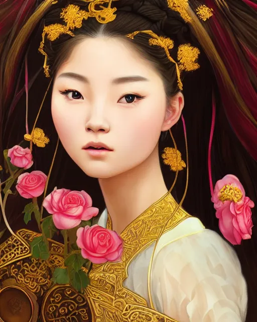 Prompt: portrait of chinese han clothing girl, dreamy and ethereal, expressive pose, big gold eyes, firm expression, fantasy, intricate, elegant, many rainbow bubbles, rose tones, highly detailed, digital painting, artstation, concept art, smooth, sharp focus, illustration, art by artgerm and greg rutkowskiand alphonse mucha