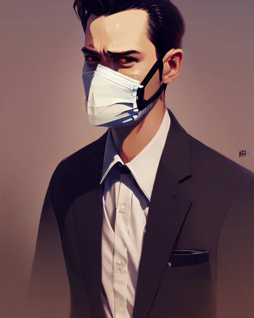 Image similar to a ultradetailed beautiful panting of a stylish man wearing a shirt with a tie and black medical mask, by ilya kuvshinov, greg rutkowski and makoto shinkai, trending on artstation