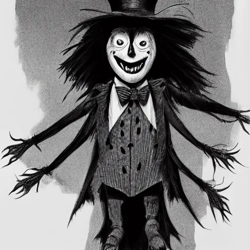 Image similar to a Pop Wonder scary horror themed goofy-hilarious-character Babadook-scarecrow-madhatter-williewonka-wearing a scarf, 3-piece-suit, dime-store-comic drawn with charcoal and pen and ink, half-tone-line-stacking