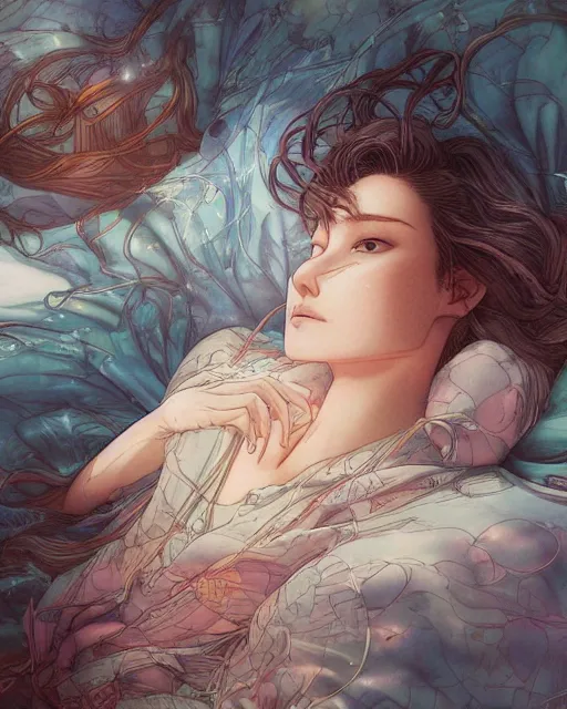 Image similar to a girl waking up in the morning, full shot, visible face, ambient lighting, detailed, art by ayami kojima, makoto shinkai, kilian eng