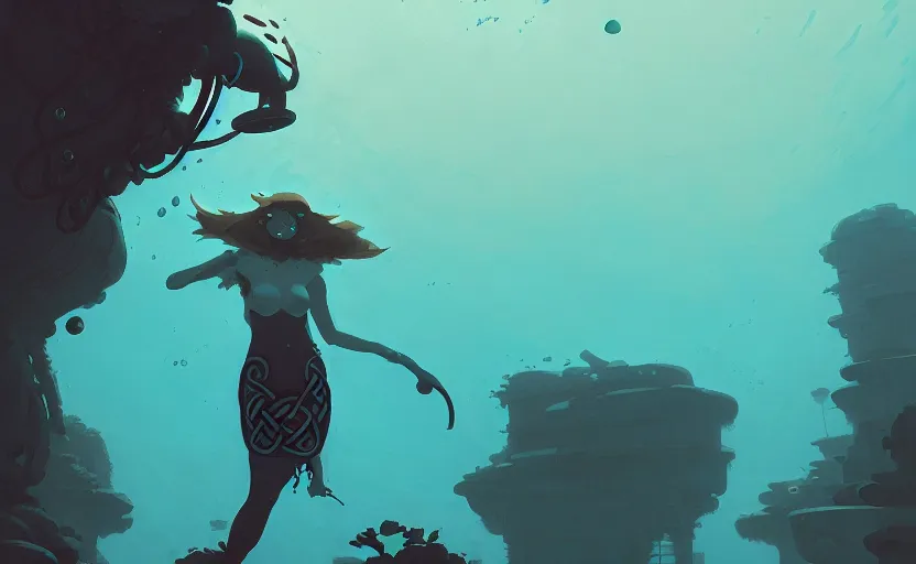 Image similar to celtic naturepunk underwater by atey ghailan, by greg rutkowski, by simon stalenhag, by greg tocchini, by james gilleard, by joe fenton, by kaethe butcher dynamic lighting, gradient light blue, brown, blonde cream and white color scheme, grunge aesthetic