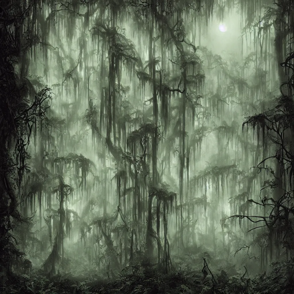 Prompt: a dark haunted swampy jungle forest at midnight, upward cinematic angle, thick mist, by Bernie Wrightston, Bill Sienkiewicz and Rodney Matthews, ghostly low light, stunning composition, intricate, elegant, digital art, hyperdetailed, full color mixed media painting, hyperrealistic, sharp focus, 8k